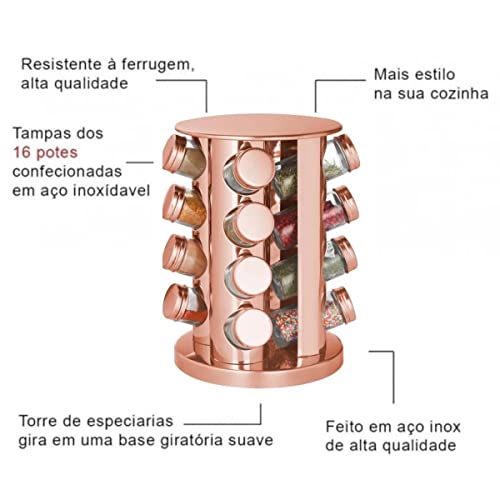 Porta Temperos Giratório Suporte Com 16 Potes Rose Gold Vertical
