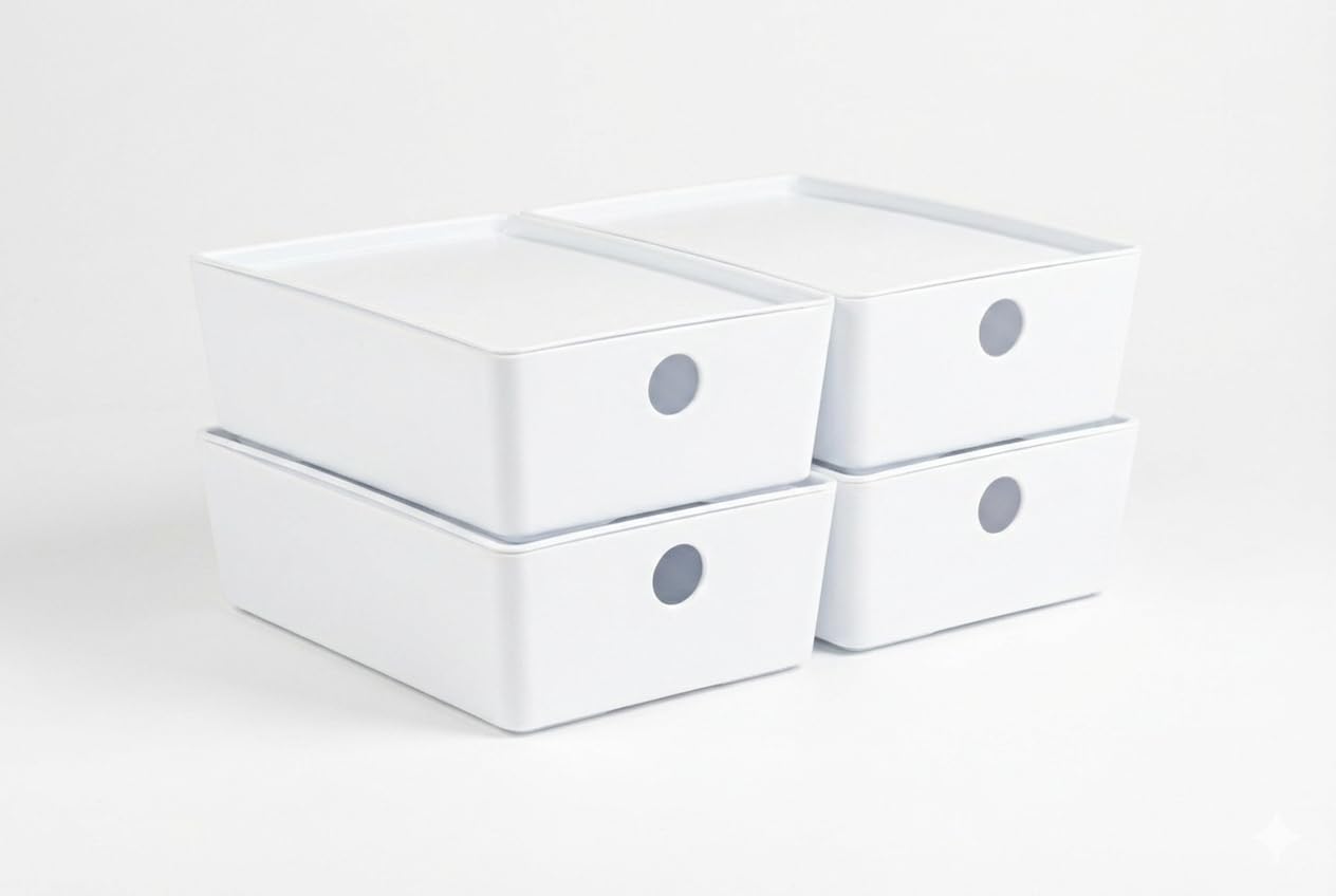 Bella White Modular Box Stackable Storage Bins with Lids Bathroom Organizer Kitchen Container Closet Shelf Organization 4 Pack (Small)