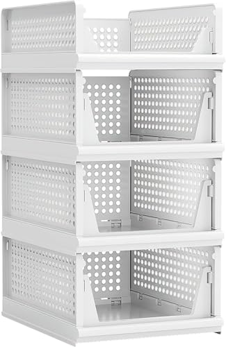 Image of RECLUSE Stackable Closet Drawers Set of 4 Stackable Foldable Wardrobe Storage Boxes Plastic Wardrobe Shelves Cupboard Organiser Box Pull Out Like a Drawer Suitable for Home Bedroom Kitchen