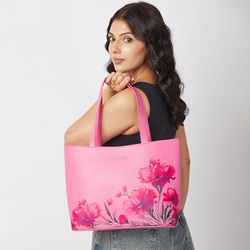Image of Caprese Chloe Large Floral Tote Bag for Women|Stylish, Durable, Multi-Compartment Design for Work, Travel, Shopping |Comfortable Straps Shoulder Bag, Ideal for Laptop & Essentials (Violet)