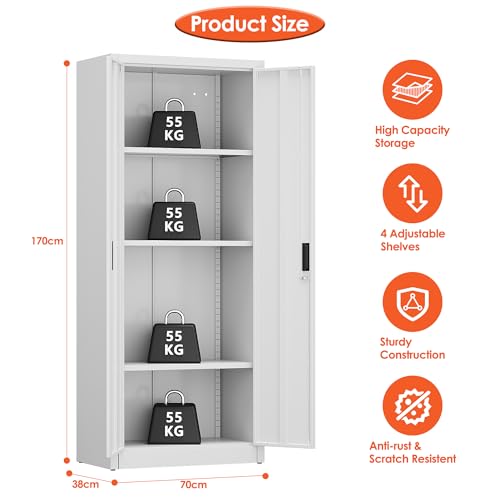 FlairVibe Armario de almacenamiento de metal con 2 puertas y 3 estantes ajustables, armario de almacenamiento con cerradura de 170 cm, garaje, hogar, oficina, fácil de montar (blanco) - imagen 3