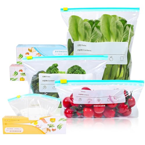 60 Pcs Food Storage Freezer Bags Reusable Zip Lock Bag Sandwich Bags With Expandable Bottom BPA Free Ziplock Bag Food For Fruits Meat Grains Vegetables Candies Food Storage (3 Sizes)