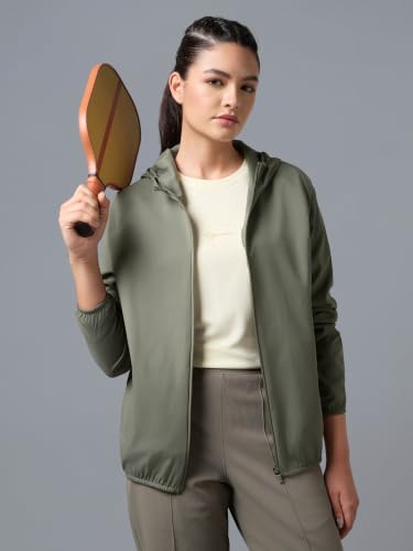 Image of TECHNOSPORT Women's Solid Slim Fit Hooded Jacket with TECHNOWARM+ | Full Zip Polyester Winter Jacket for Sports, Gym, Travel & Casual Wear | Long Sleeve Hooded Activewear with Moisture-Wicking Fabric