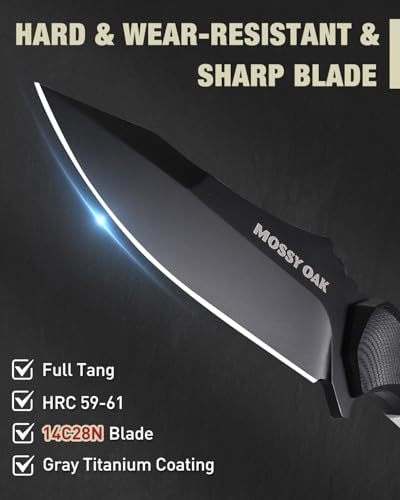 Image of Mossy Oak 9 inch Fixed Blade Hunting Knife with Sheath - Black | 14C28N Full Tang; G10 Handle; Outdoor Knife for Survival, Camping, Hiking