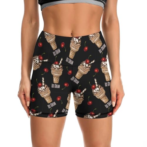 Ice Cream and Cherries Pattern High Waist Yoga Shorts for Women Athletic Shorts Leggings Running Pants