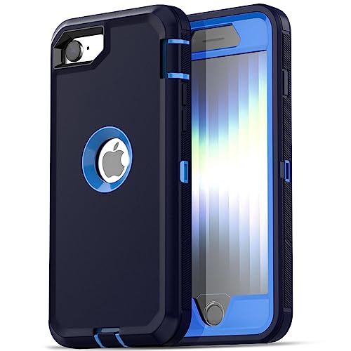 Image of AICase for iPhone SE Case 3rd & 2nd Generation, for iPhone SE 2022 /2020 Built-in Screen Protector Heavy Duty Protective Shockproof 3-Layer Full Body Rugged Phone Cover, Admiral Blue /Royal Blue
