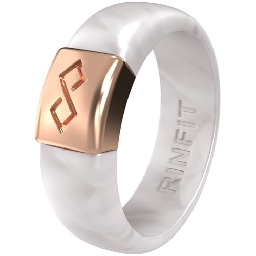 Rinfit Silicone Rings for Women 6mm Wide, 2mm Thick - Silicone Wedding Bands Women - Infinity Ring with Metal Plate - Pearl/Rose Gold - Size 7