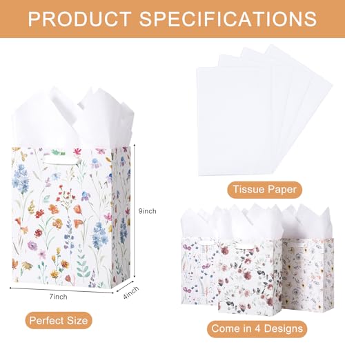 Image of Loveinside Medium Size Gift Bags, Colorful Flower Pattern Gift Bag with Tissue Paper for Shopping, Parties, Wedding, Baby Shower, Craft-4 Pack, 7 inch X 4 inch X 9 inch