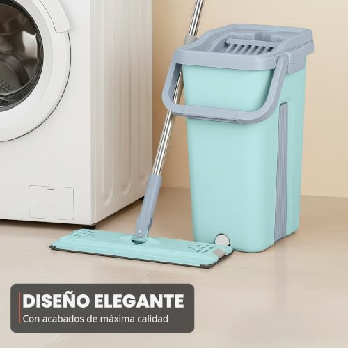 Miniatura 7 de Jupplies Mopa Fregona Con Cubo Escurridor Doble Compartimento 7,5 L Sistema Giratorio Con Mango Telescópico Y Recambios De Microfibra Para Suelos, Paredes Y Azulejos Verde, 6 Recambios