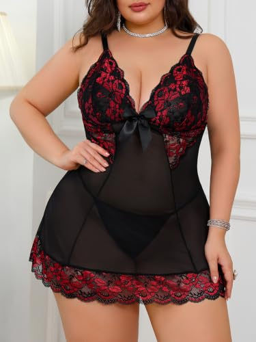 Image of Alrovetoney Women Plus Size Babydoll Lingerie Lace Chemise Mesh Sleepwear Strappy Sexy Nightgown Boudoir Outfit L-4XL
