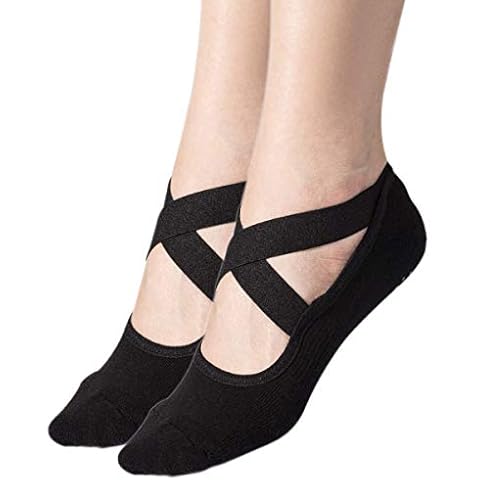 Toes&Feet Women's 2-Pack Black Padded Cushioned Anti-Slip Grips Yoga Pilates Ballet Barre PiYo Socks With Elastic Strap Cover