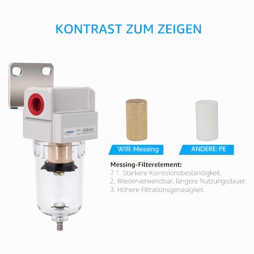 NANPU 1/4\ BSPP Druckluftfilter, 5 μm Messingelement, Metallhalterung, Poly Bowl, 10 Bar