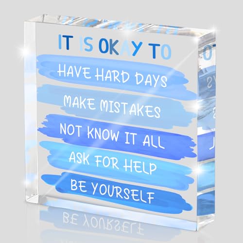 Mental Health “It Is Okay To...” Desk Sign - 4x4 Inch Blue Acrylic Affirmation Decor for Women, Therapy Office Decor, Self-Compassion Gifts, Anxiety Relief & Positive Workspace Accessories