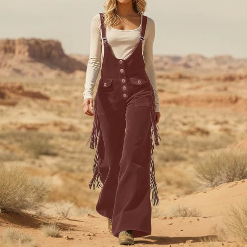 Image of Womens Suede Fringe Sexy Cowgirl Jumpsuits Country Concert Western Cargo Overalls High Waisted Romper Vintage Outfit