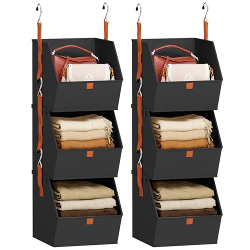 Image of Homsorout Collapsible Hanging Closet Organizer - 6 Tier Closet Shelves Storage System with Hooks, Fabric Hanging Storage Bins for Clothes, Foldable Storage Basket for Laundry, Bedroom, Rv, Black