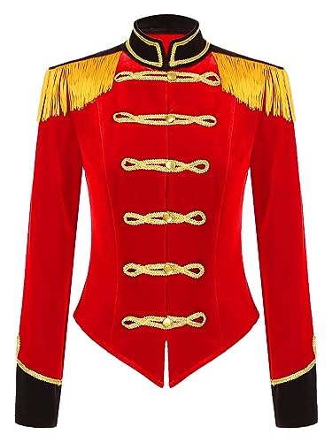 Yeahdor Damen Zirkusdirektor Kostüm Langarm Ringmaster Mantel mit Quasten Samt Jacke Karneval Party Cosplay Verkleidung A Rot S