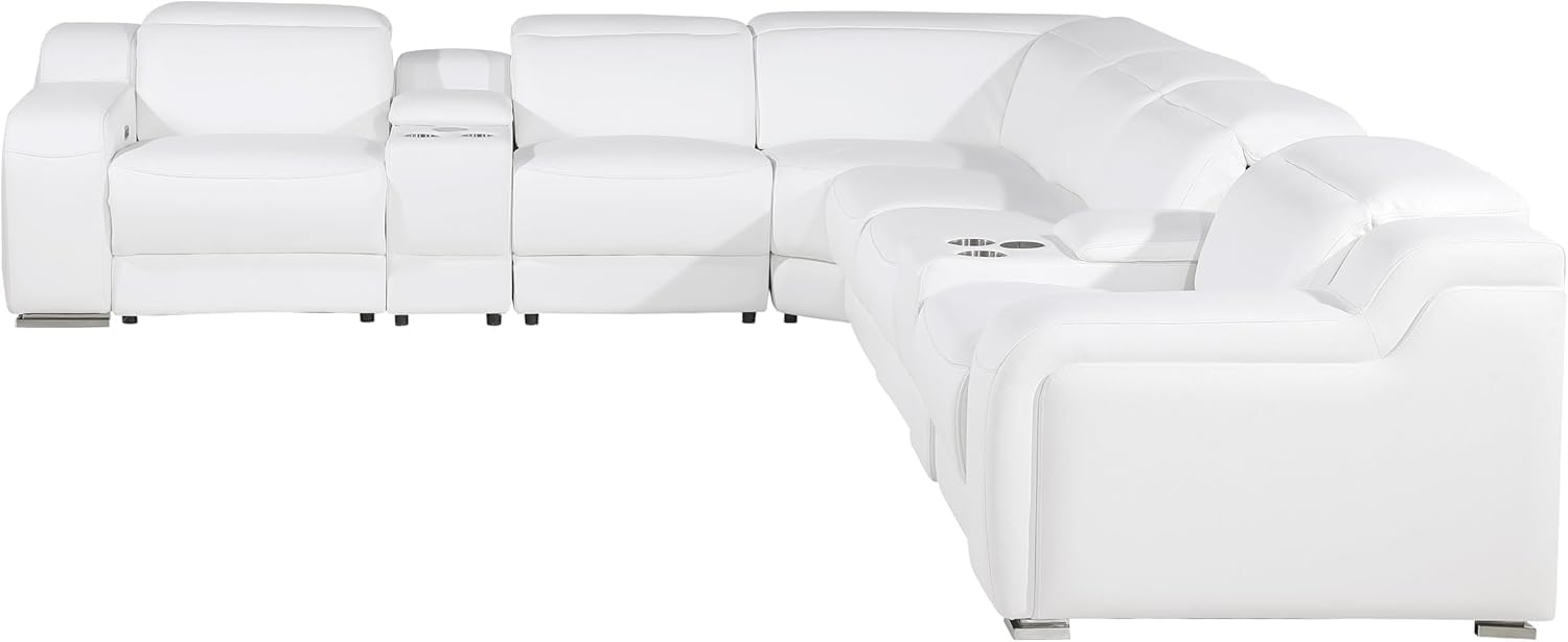 Blackjack Furniture Ibero 8-Piece Top Grain Italian Leather Sectional Reclining Sofa Set with 3 Power Recliners, Adjustable Headrests, USB and Wireless Phone Charger, and Console Storage, White