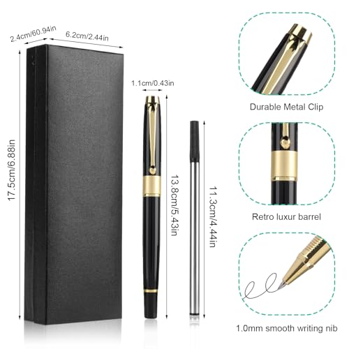 TIESOME Luxury Metal Ballpoint Pen Set, 0.5mm Business Rollerball Pens Black Ink Fine Point Pen with 2 Refills Fancy Pen Golden Trim Ball Pen with Gift Boxed for Colleagues Family(Black) - Image 3
