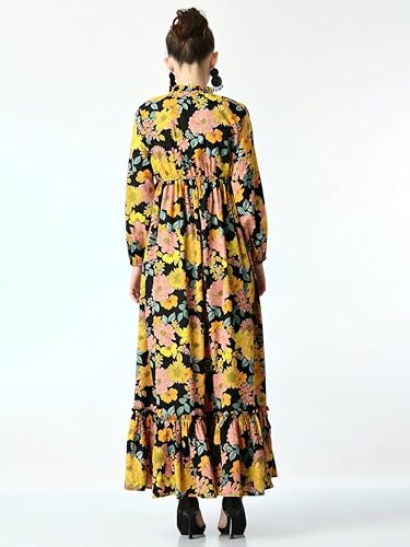 Image of KZULLY | Floral Printed Maxi Dresses for Women | Long Sleeve Beautiful Floral Patterns | Stylish and Elegant Dress | Tie Neck