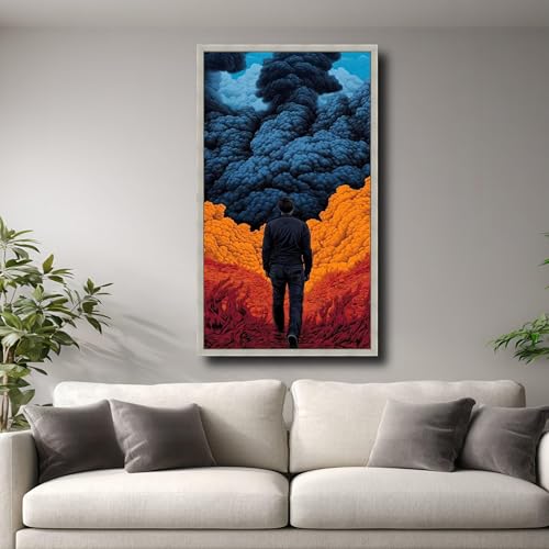 Tableau mural ciel sombre nuages orangés et homme marchant format 30x50