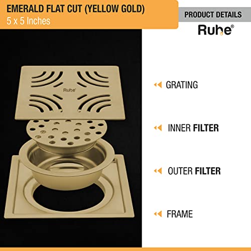 Ruhe® Emerald Square Flat Cut Floor Drain | Yellow Gold PVD Finish | 304 Stainless Steel Drain Channel 5 x 5 Inches with Stainless Steel Trap