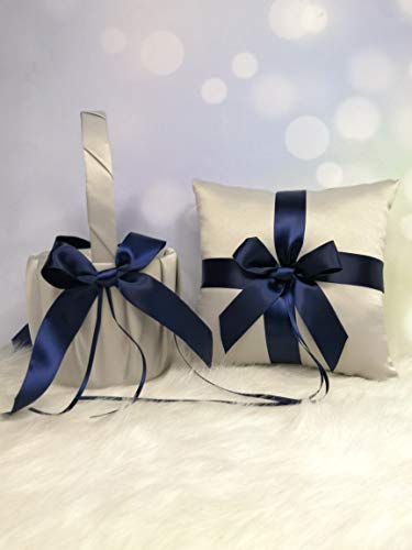 Abbie Home Flower Silver Girl Basket + Ring Pillow Satin Cover with Navy Blue Ribbon Bow Décor Party Favor Set-Silver+Navy Set