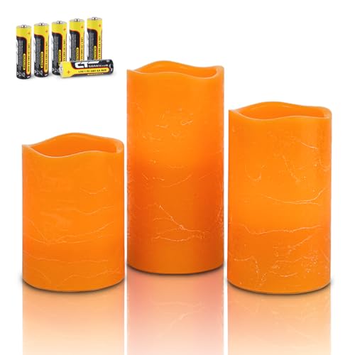 Image of Rhytsing Orange Real Wax Flameless Candles with Timer for Fall, 3 Pcs