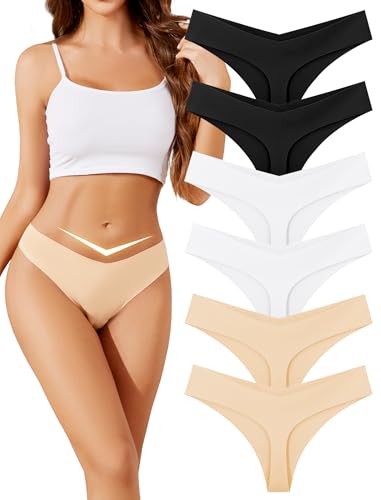 ANSUKOO 6 Pack Mujer Thong V Bragas Sin Costuras,Ropa Interior Femenina Invisible Underwear,Microfibra Suave Transpirable,Bragas Brasileñas Laser Sexy,Hipster Ajustables Confortables,Pack Braguitas