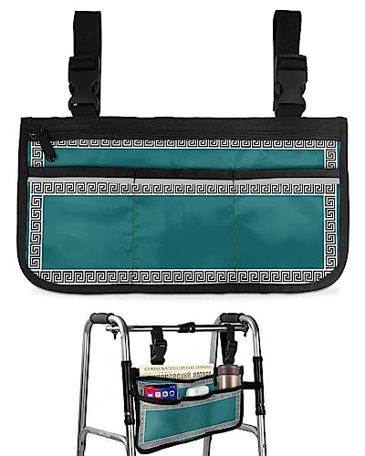Blue Green Wheelchair Side Bag Walker Bag, Geometric Greek Key Pattern Wheelchair Accessories Armrest Pouch, Organizer Storage Bag for Walkers, Rollators, Scooters, 7.3''x13''