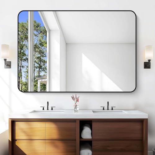 Image of Large Bathroom Mirror, 60 x 40 inch Black Rectangle Mirror, Metal Framed Rectangular Vanity Mirror, Rounded Corner Wall Mounted Mirror for Over Sinks Bedroom Living Room Horizontal /Vertical