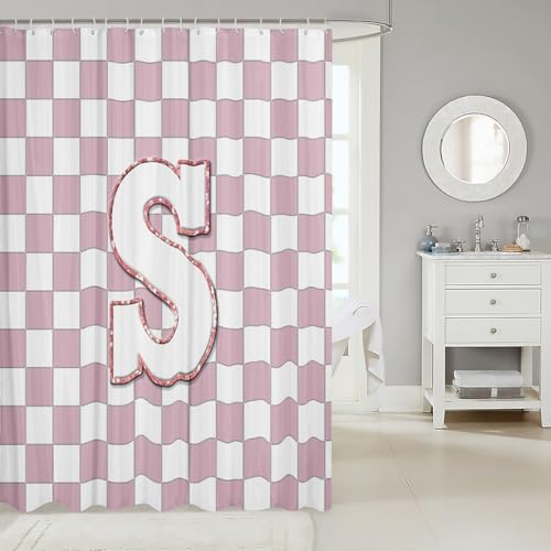 Image of Erosebridal Pink Initial S Bathroom Accessories Kawaii Plaid Checkered Shower Curtain Cute Personalized Monogram Bathroom Curtain for Kids Girls 72 inch Wx72 L Fashion Grids Gingham Shower Decor