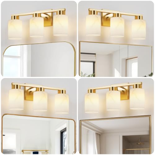 Image of 3-Light Bathroom Light Fixtures, Modern Vanity Lights, Gold Metal Wall Lamp with White Marble Glass for Bathroom, Mirror, Living Room, Bedroom, Cabinet, Porch, Hallway, E26 Base