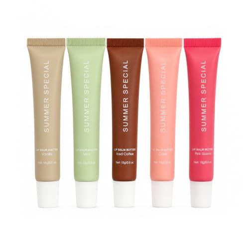 5-Color Summer Special Lip Balm Butter-Shea Butter & Avocado Oil Formula Lightweight & Non-Sticky 5 Trending Shades (Vanilla/Mint/Iced Coffee/Cake/Guava) Soften Dry and Lip Care Gift Box for Teens