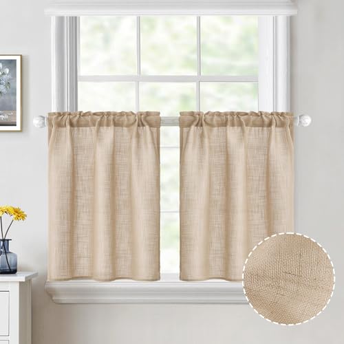 MIULEE Cafe Curtains 24 Inch Length Half Window Curtain Farmhouse Short Linen Semi Sheer Curtains for Kitchen Bathroom Basement Small Window, Rod Pocket Tier Curtains 2 Panels W26XL24, Camel Beige