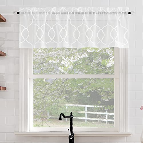 No. 918 Allerton Embroidered Trellis Rod Pocket Kitchen Curtain Valance, 52" X 14", White #TOP24