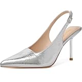 RIBONGZ Slingback Silver Heels for Women Closed Pointed Toe Sparkly Heels Ankle Strap Stiletto High Heeled Sexy Pumps Wedding Bride Guest Party Evening Prom Formal Herls Dressy Shoes 8