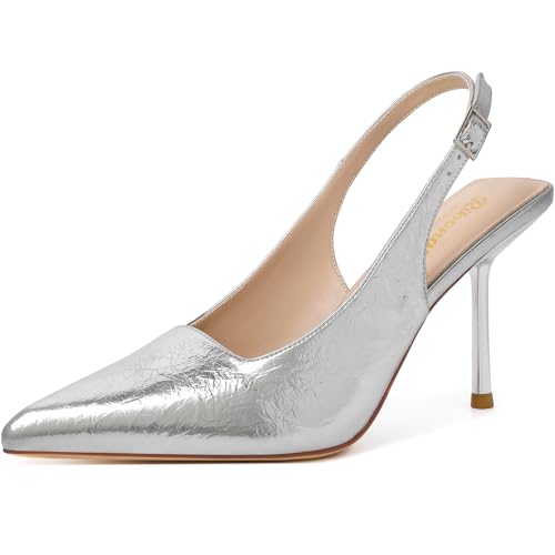 Image of RIBONGZ Sexy Slingback Pumps Elegant Dressy Heels for Women Closed Toe Pointy High Heels Wedding Bride Prom Party Evening Shoes