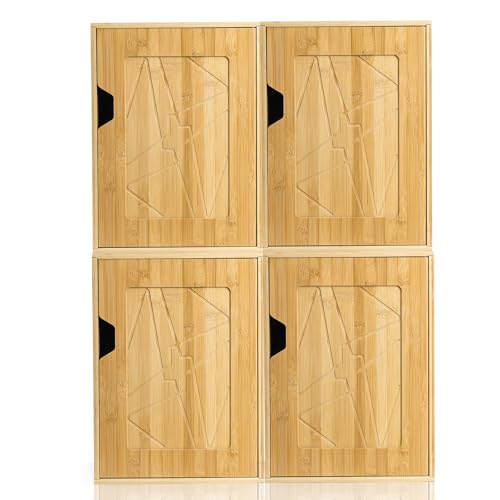 Fasmov 2 Tiers Cube Storage Organizer, Bamboo Bookshelf, Display Bookcase, Storage Cube Cubby Organizer with Door, Stackable Cubes Bin Small Cabinet for Bedroom, Home and Office