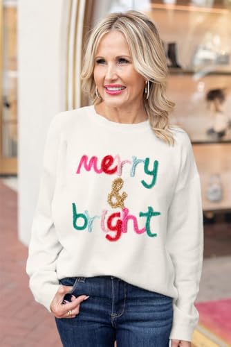 Image of LEMAFER Women 2026 Merry Christmas Round Neck Sequin Letters Sweater Casual Solid Slogan Long Sleeve Pullover Sweatshirt Tops