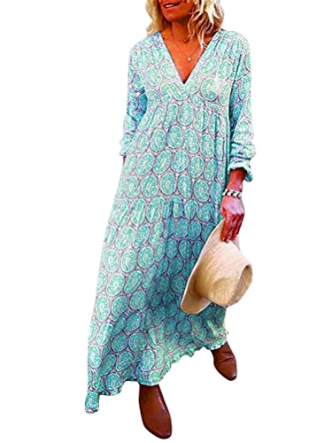 Minetom Femme Robe Longue Manches Longues Floral Robe De Plage D’Été Col en V Maxi Robe De Soirée Cocktail A Bleu 48