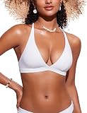 CRZ YOGA Deep V Neck Bikini Tops for Women - Padded Criss Cross Back Triangle Sexy Swim Bathing Suit Bra White Medium
