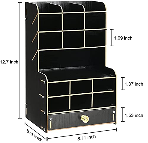 Miniatura 2 de Organizador De Escritorio De Madera Papelería Multifuncional Caja De Soporte De Bolígrafo Para Oficina En Casa Rack De Almacenamiento De Útiles Escolares Con Cajón Negro-B16