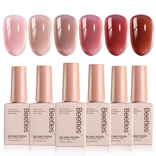 Gelab Cosmetics LLC Beetles Jelly Gel Nail Polish Set - 6 Colors Nude Pink Gel Polish Kit Neutral Shimmer Translucent Sheer Gel Soak off Uv Nail Concealer Peach Juice Collection French Nail Art Manicure 2 PCS