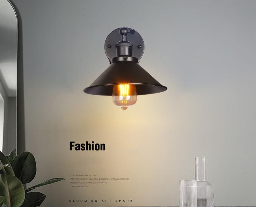 Image of Black Metal Wall Sconce Light, 1-Light Farmhouse Lamp, Pull Chain Industrial Wall Light Fixture for Bedroom Bathroom Kitchen Porch (Black)