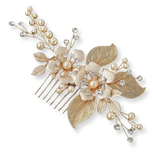 Image of Livzikaroa Gold Wedding Hair Clip, Pearl Flower Bridal Hair Accessory for Women, Decorative Hair Barrette for Updos Half Up Hairstyles Parties and Formal Occasions