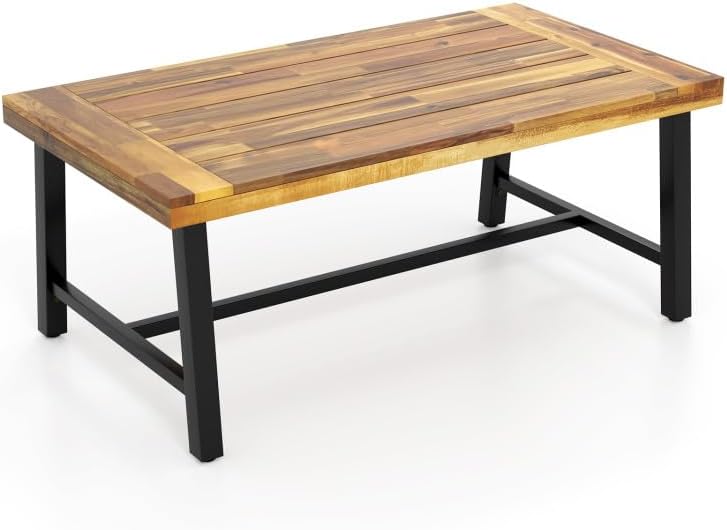 Byroce Outdoor Coffee Table, 43.5”L Farmhouse Accent Table with Spacious Tabletop & Heavy-Duty Metal Structure, Acacia Wood Coffee Table for Patio, Yard, Garden & Living Room, Natural