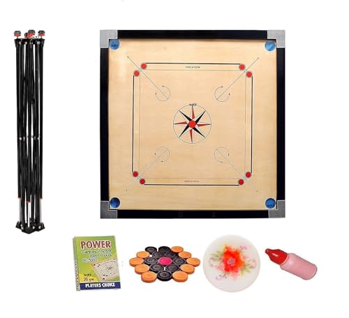 Image of WRF Superior Matte Finish Practice Carrom Board for Serious Professional Practice with Coins Striker and Powder Black New(32inch Carrom with Stand CS-03)