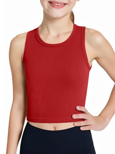 Image of Haloumoning Girls Tank Tops Kids Athletic Ribbed Knit Sleeveless Crop Tops Basic Camisole 5-14 Years