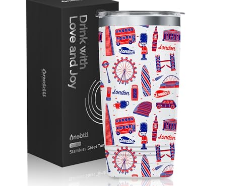 Onebttl London Gifts, Ideal British Themed Souvenirs for Women Men on Christmas, Birthday, 20oz Stainless Steel Tumbler with Lid Straw