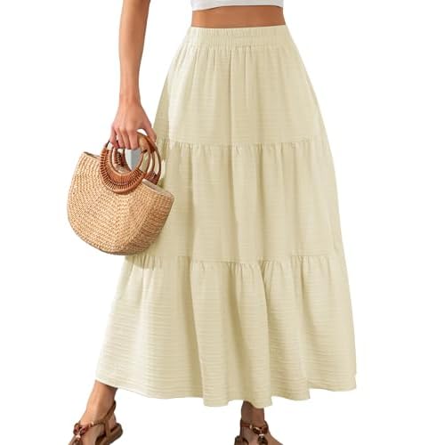HUSKARY Women's Summer Casual Elegant Smock Layered Tiered Maxi Skirt High Waisted A Line Flowy Long Skirts with Pockets XX-Large Beige Striped